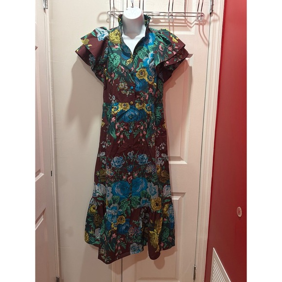 NWT Tuckernuck Merlot Sharp Floral Dress Burgundy Blue Ruffle Sleeve Midi M - Picture 2 of 10
